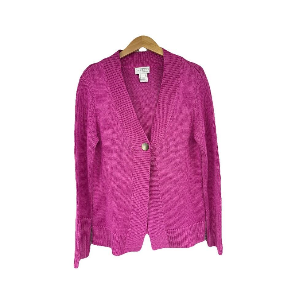 Vintage Talbots Collection‎ Magenta Pink Silk Cotton One Button Sweater Womens L